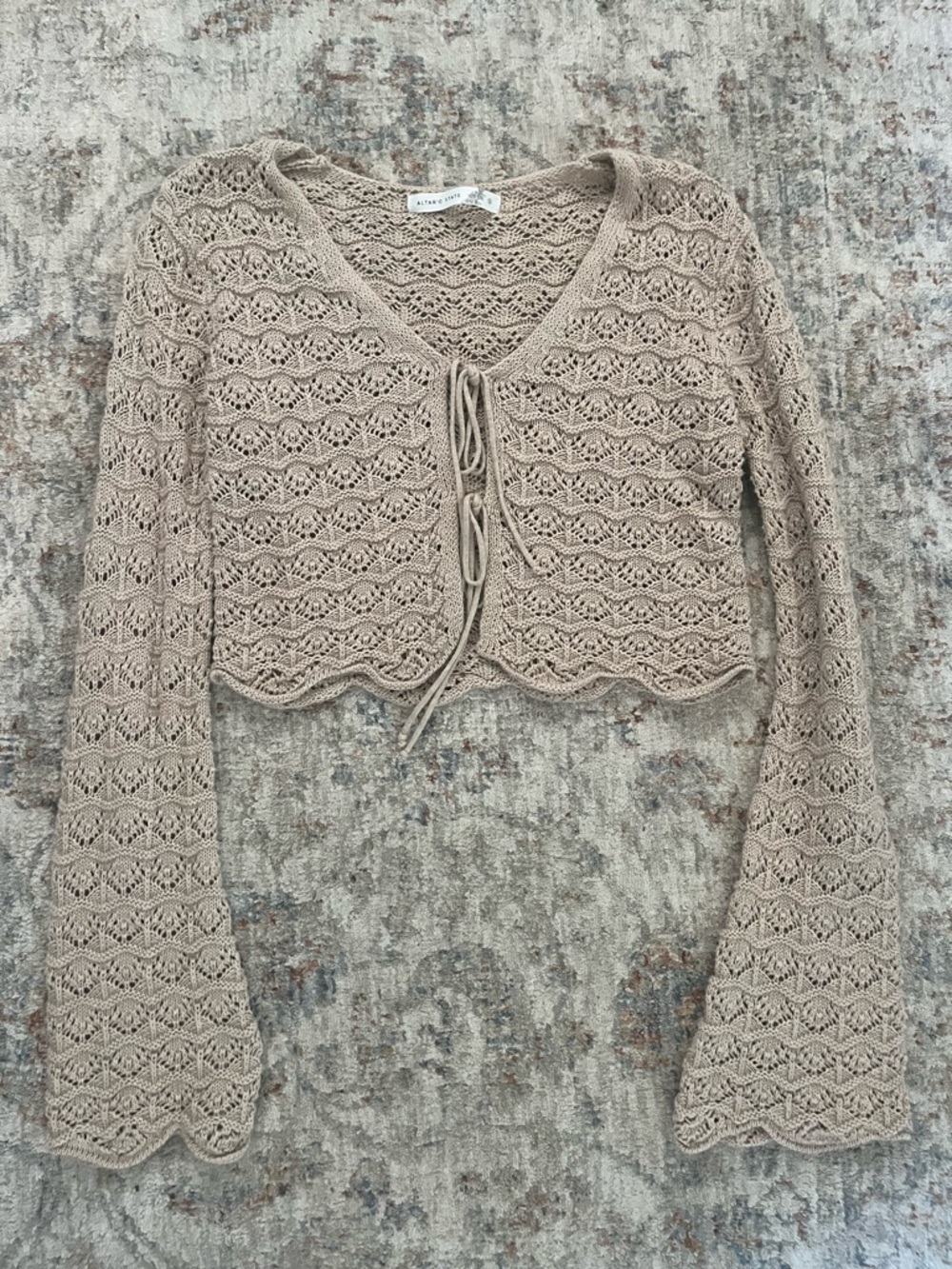 Altar'd State Taupe Crochet Tie-Front Cardigan